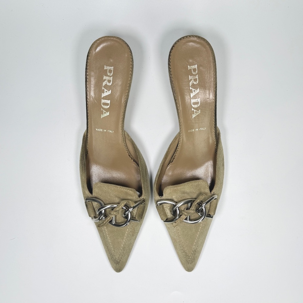 Vintage Prada suede kitten heel mules in cream size 38.5